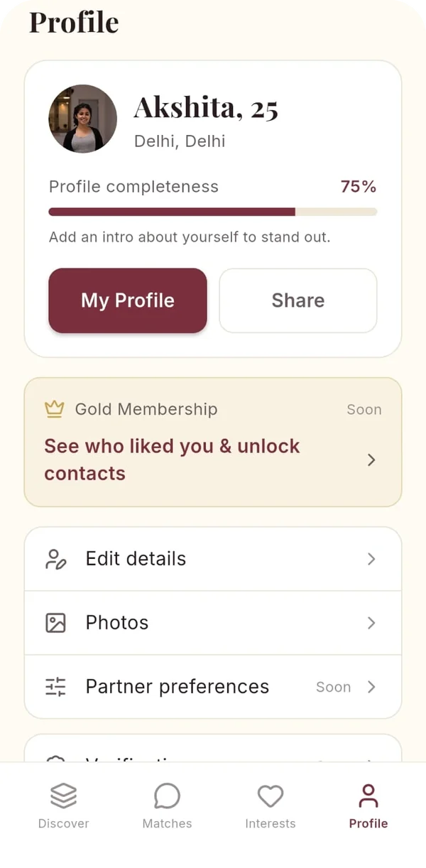 Asees Rishta profile screen with completeness meter