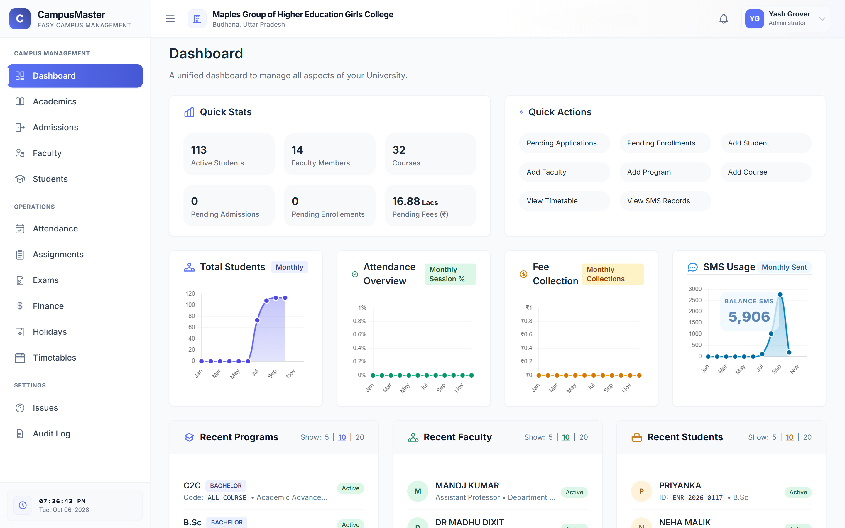 CampusMaster college ERP dashboard