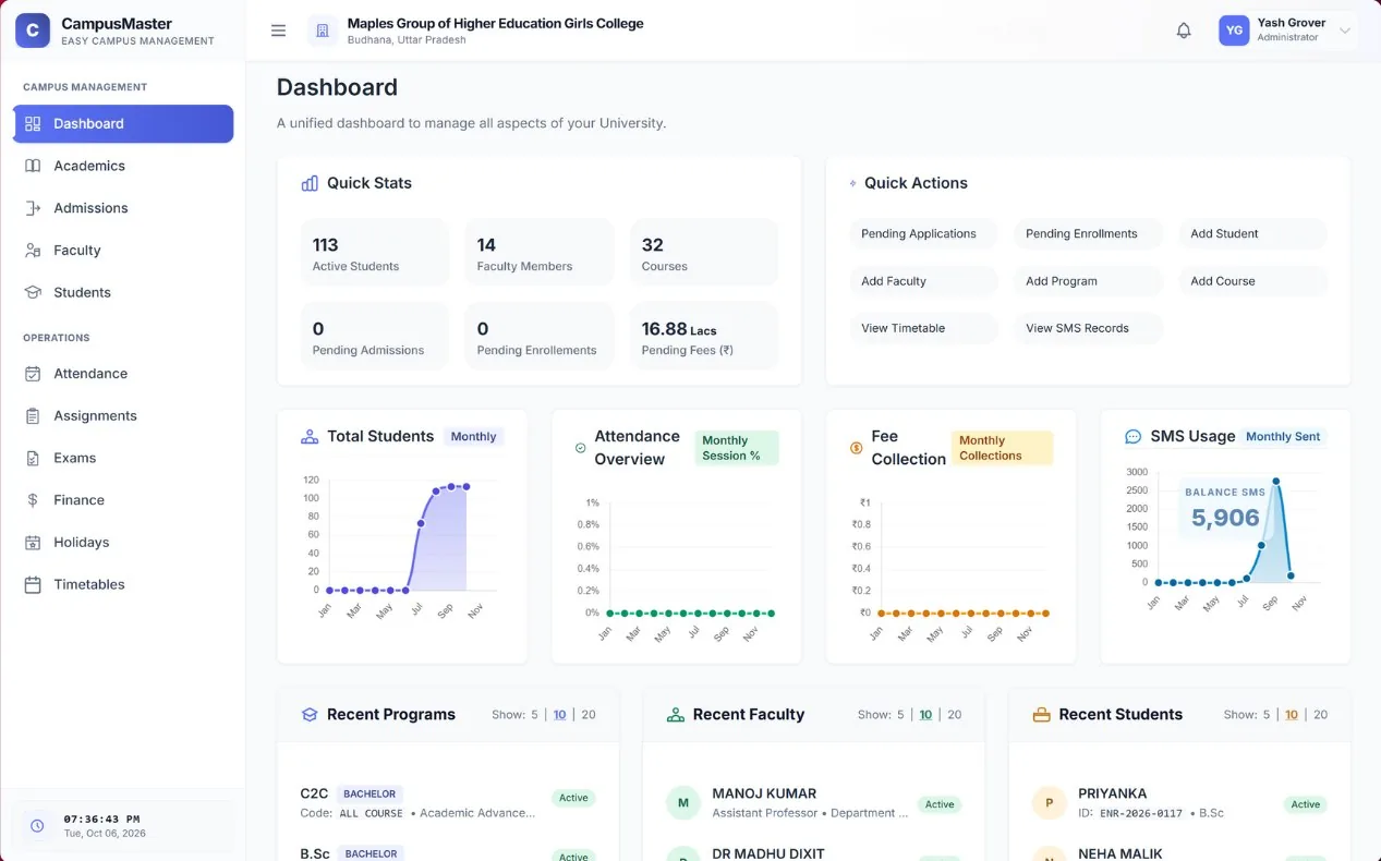 CampusMaster college ERP dashboard