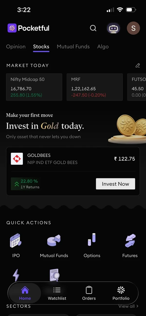 Pocketful home screen with market overview and quick actions