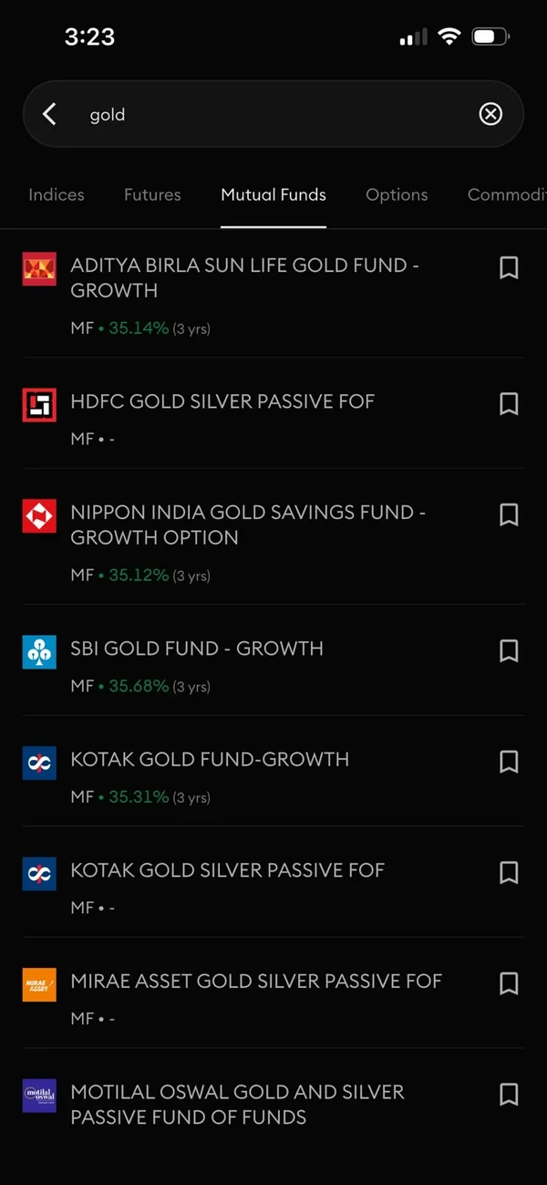 Pocketful search showing mutual funds