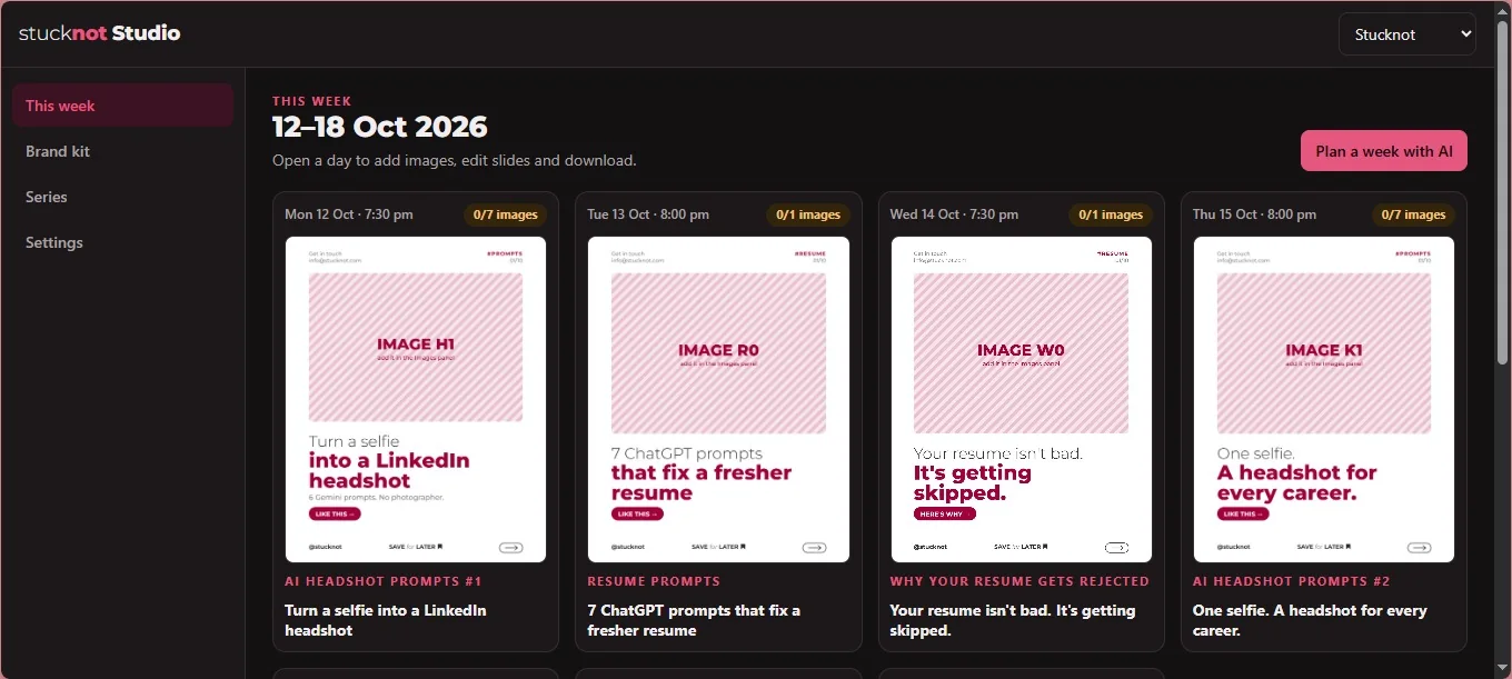 Stucknot Studio weekly dashboard with a week of planned carousel posts